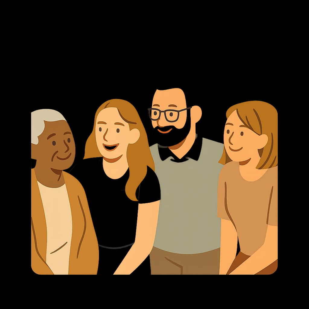 Illustration d’une équipe souriante dans un cadre chaleureux